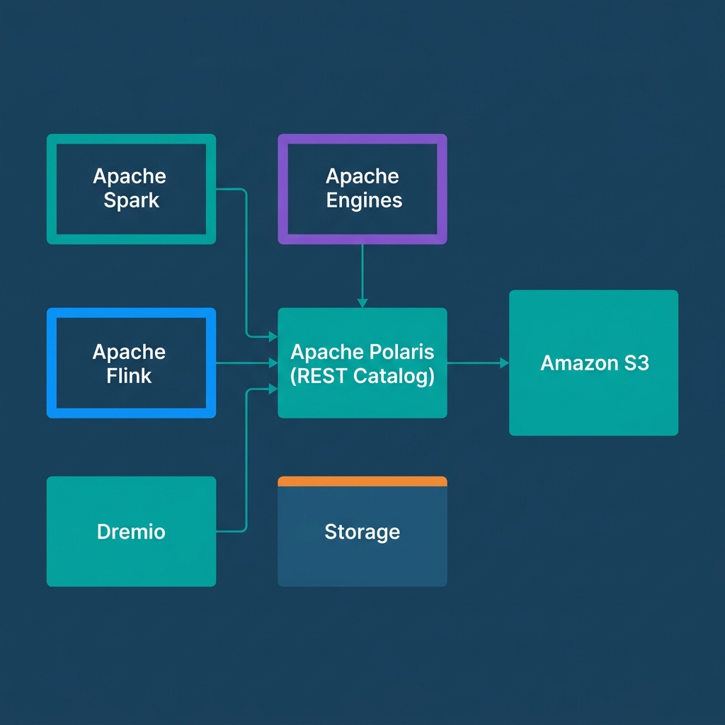 Diagram showing multiple query engines connecting to Apache Polaris via REST API, pointing to S3 storage